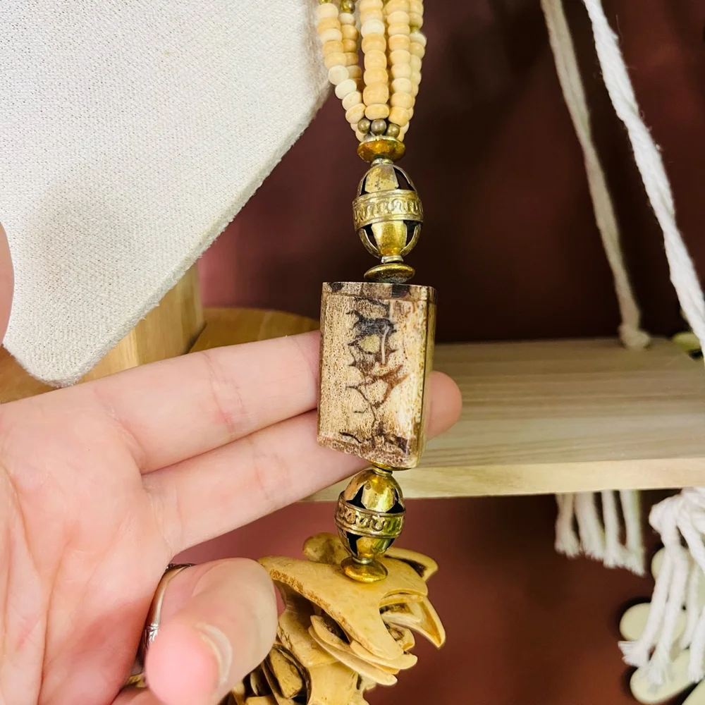 Vintage Bone and Brass Beaded Necklace Ethnic Tribal Statement 1970s Hippie Boho